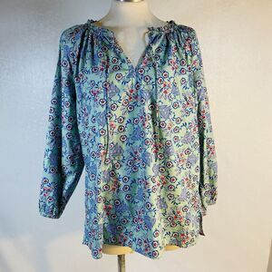 LOFT Sz M Floral Shirred Tie Neck Blouse